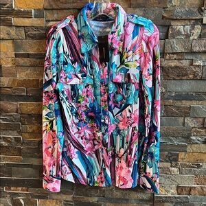 BCBG MAXAZARIA Vibrant Floral Long Sleeve Shirt LG